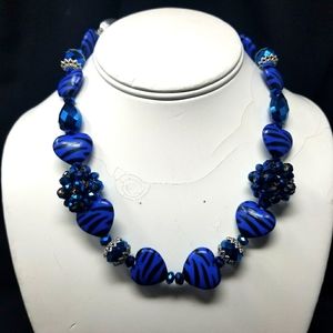BLUE HEARTS - METAL - BLUE GLASS BEADS NECKLACE